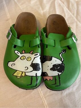 Birkis Birkenstock Boston Youth Green Leather Cartoon Cow VERY RARE